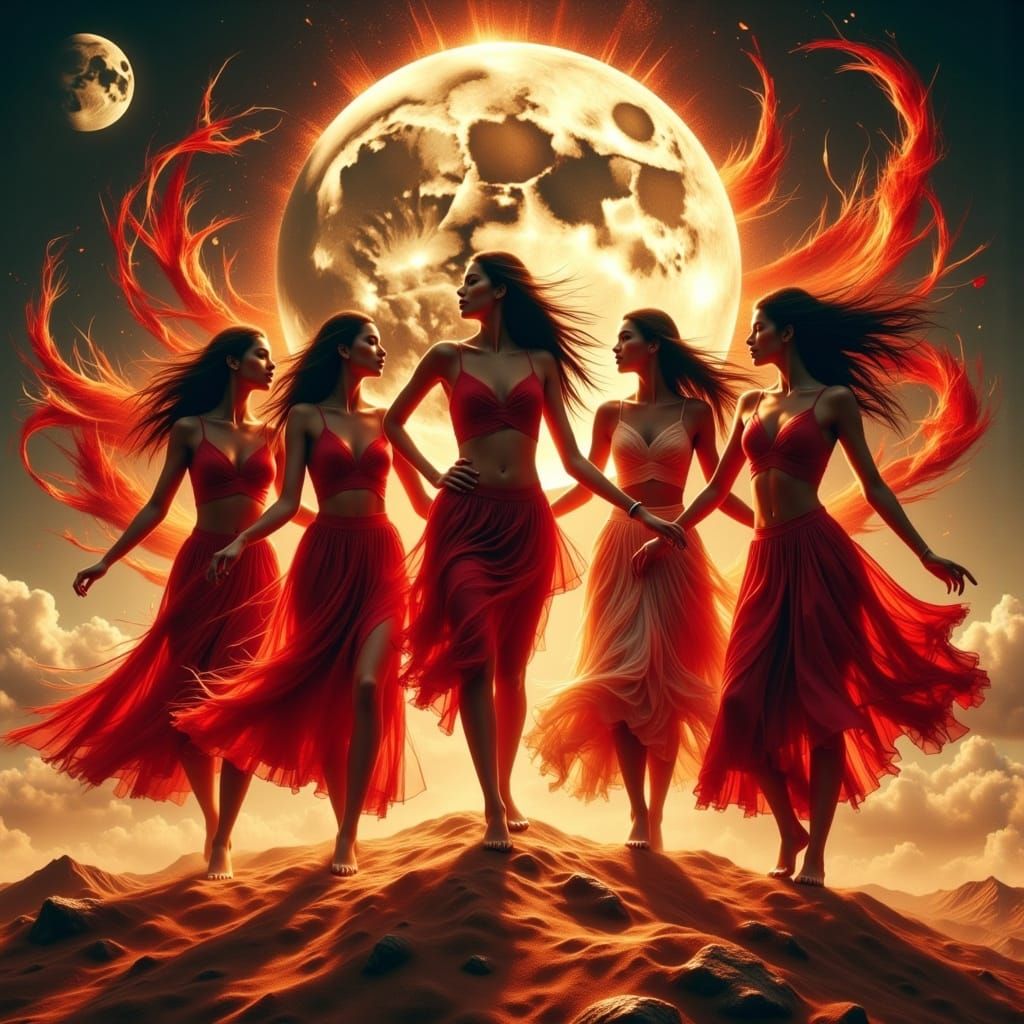 Five Women Dance in Fiery Desert Night Under Silver Moon
