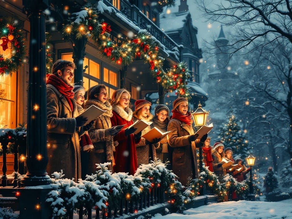 Joyful Christmas Carolers Gather Around a Victorian Mansion