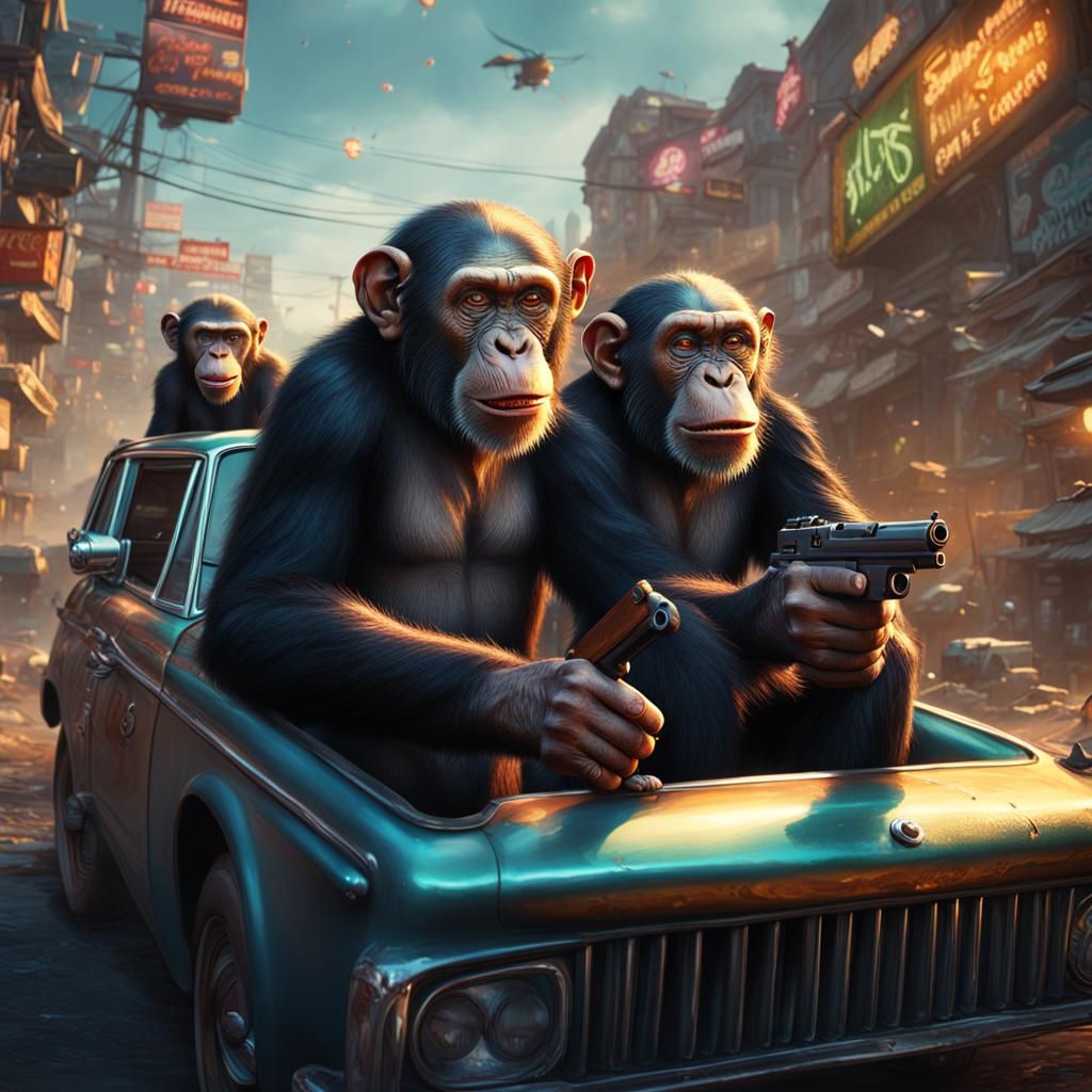 Chimpanzee Gangsters in a Car: Detailed Digital Art