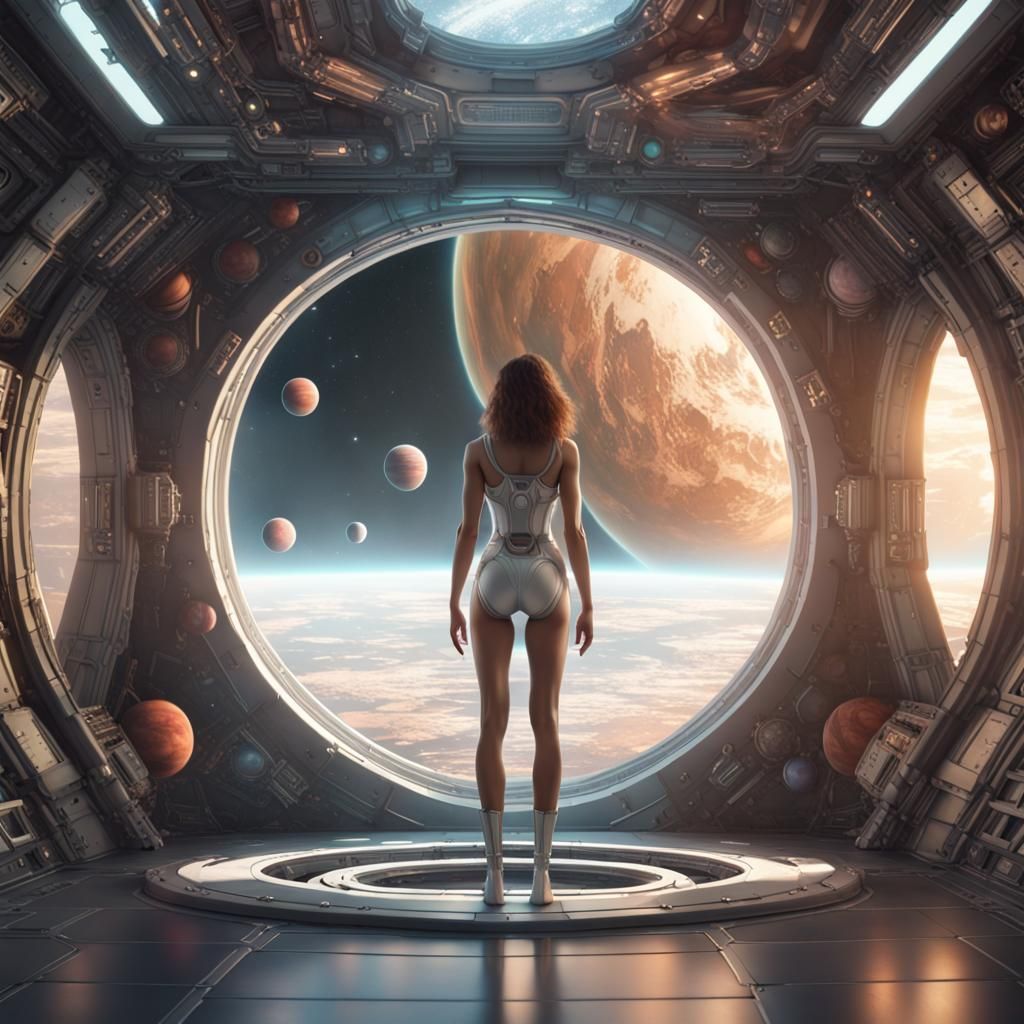 a woman standing in a space station looking at planets