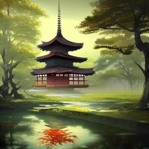 Pagoda in Swamp: Anime Key Visual Art Style