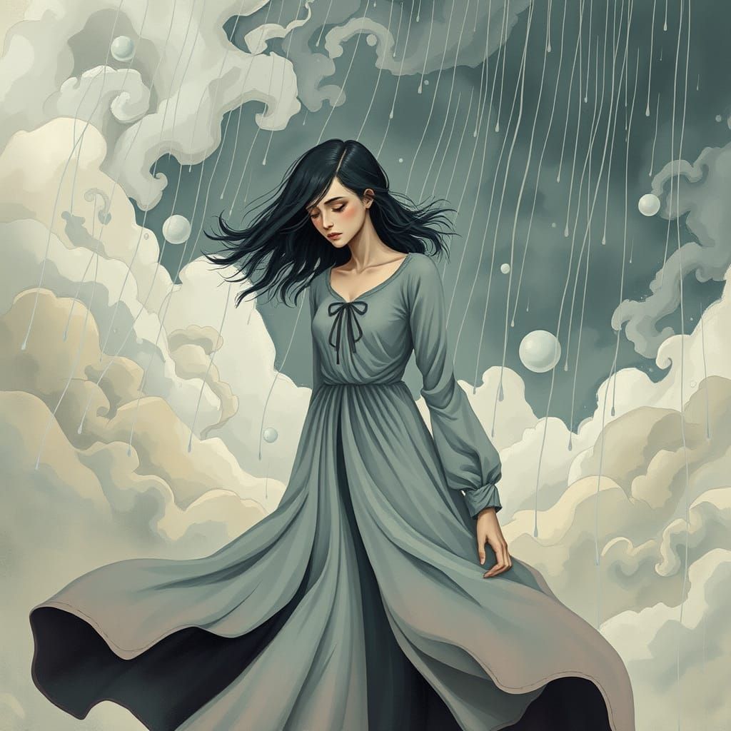 Woman Surrounded by Swirling Rain Clouds as Digital Art