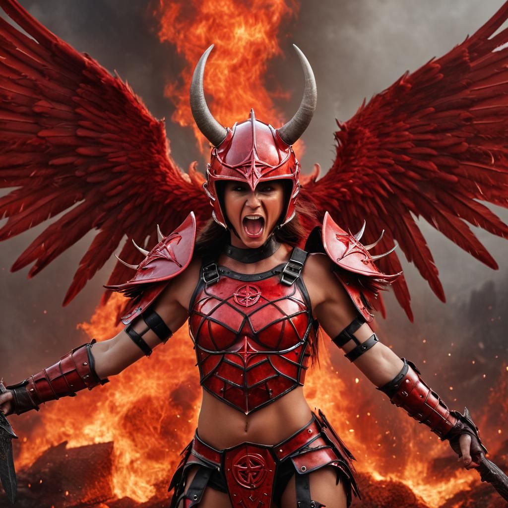 Winged Warrior Woman in Hellscape