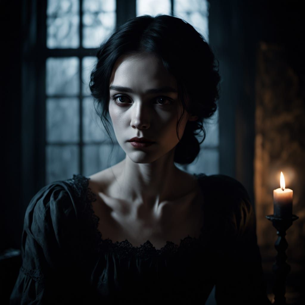 Film Noir-Inspired Woman in Candlelit Room