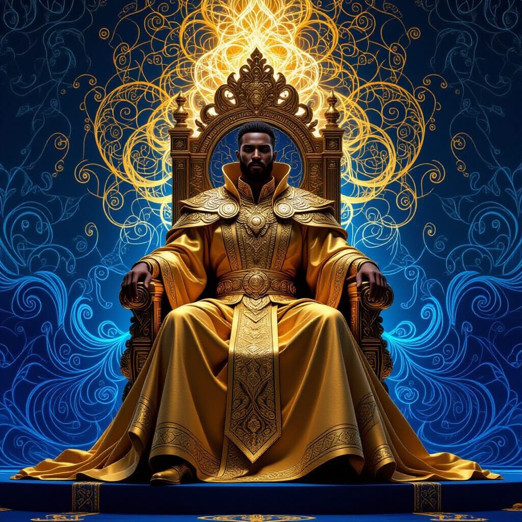 Regal Dark-Skinned Man in Gold Robes on Throne