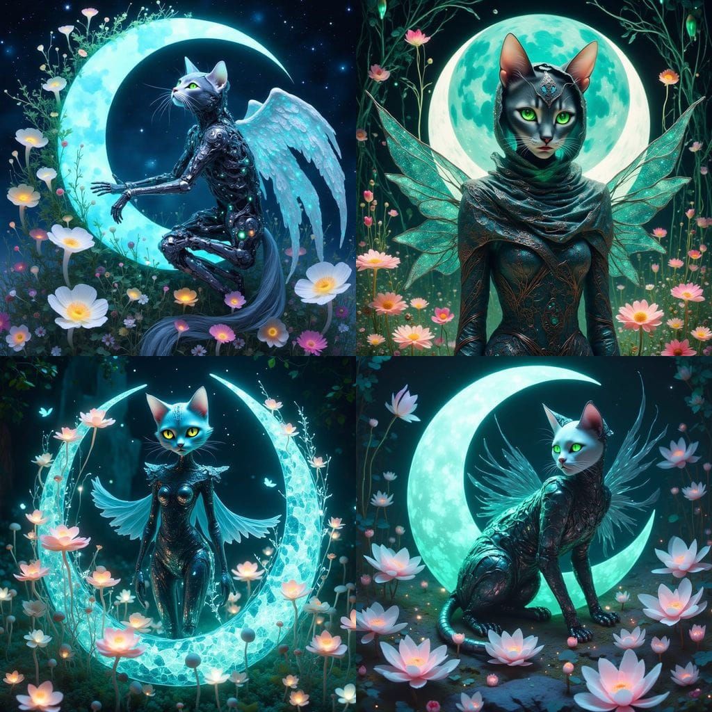 Goddess Cat Robot Soars on Crescent Moon Amidst Sparkling Ti...