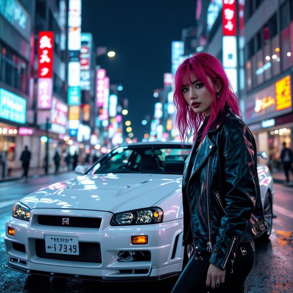 Woman Poses With White Nissan GT-R Under Neon Cityscape