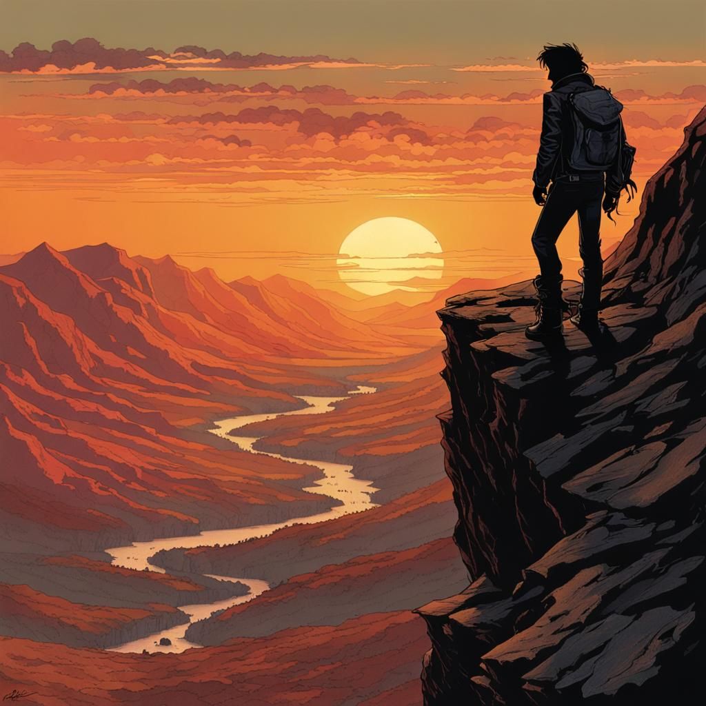 Silhouette on Cliff at Sunset: Digital Art