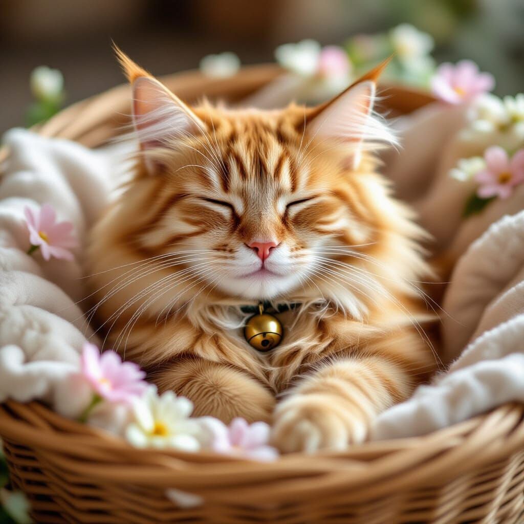 Ginger Cat in Basket with Pastel Petals