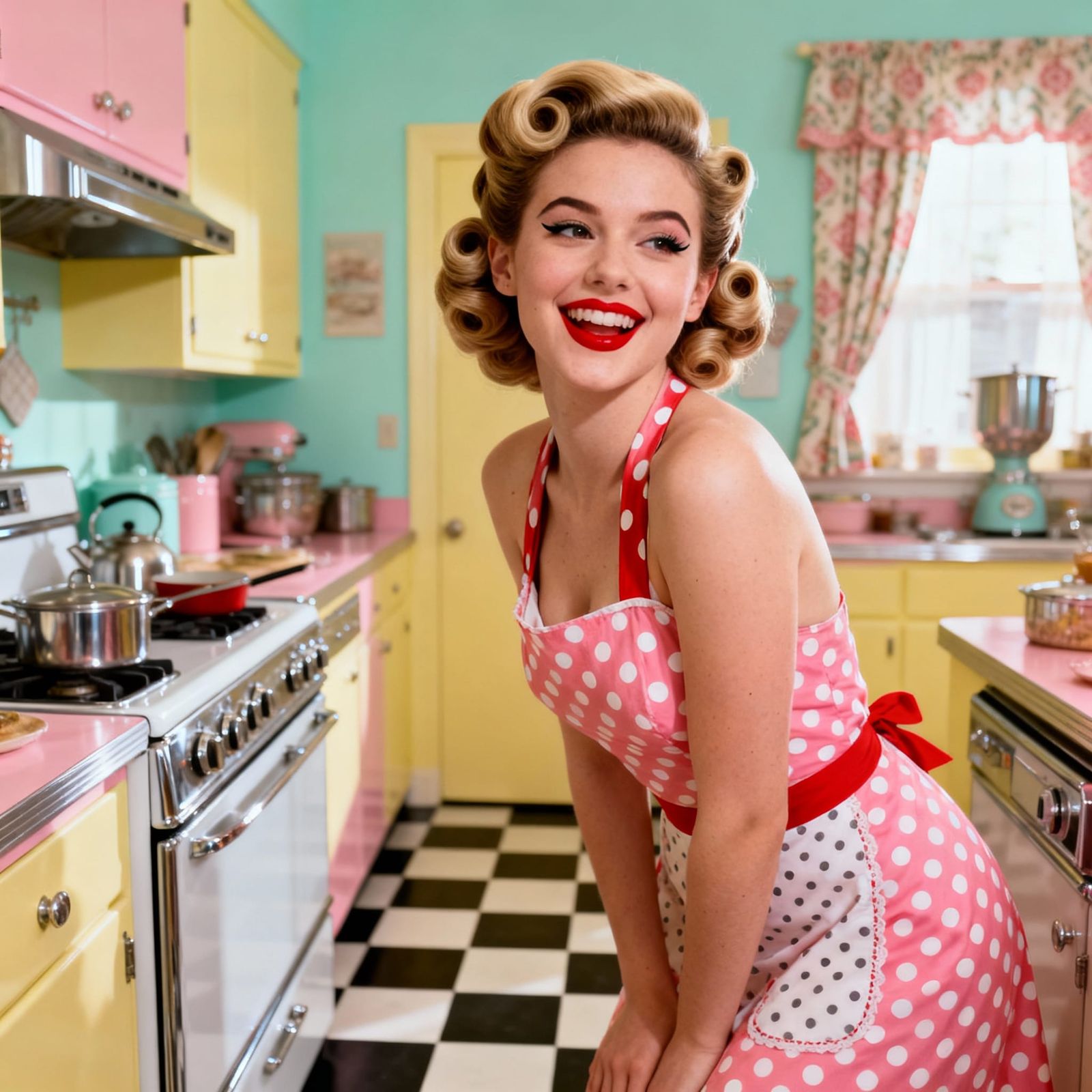 1950s Pin-Up Woman in Pastel Retro Kitchen