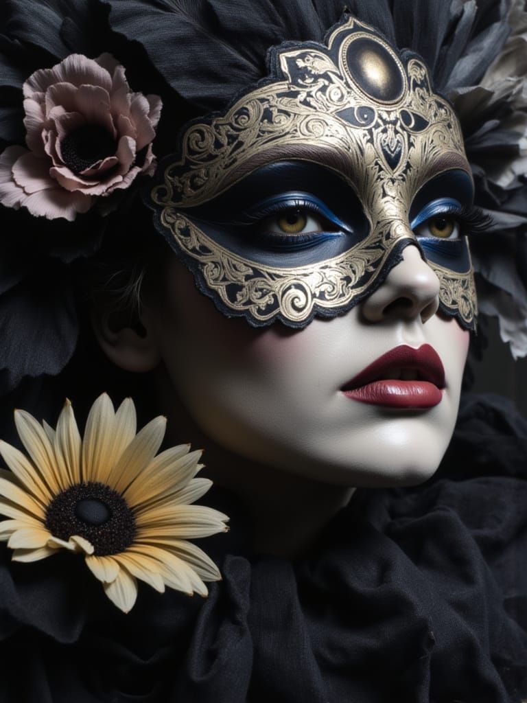 Bohemian Carnival Mask Collage with Iridescent Feathers & Fl...