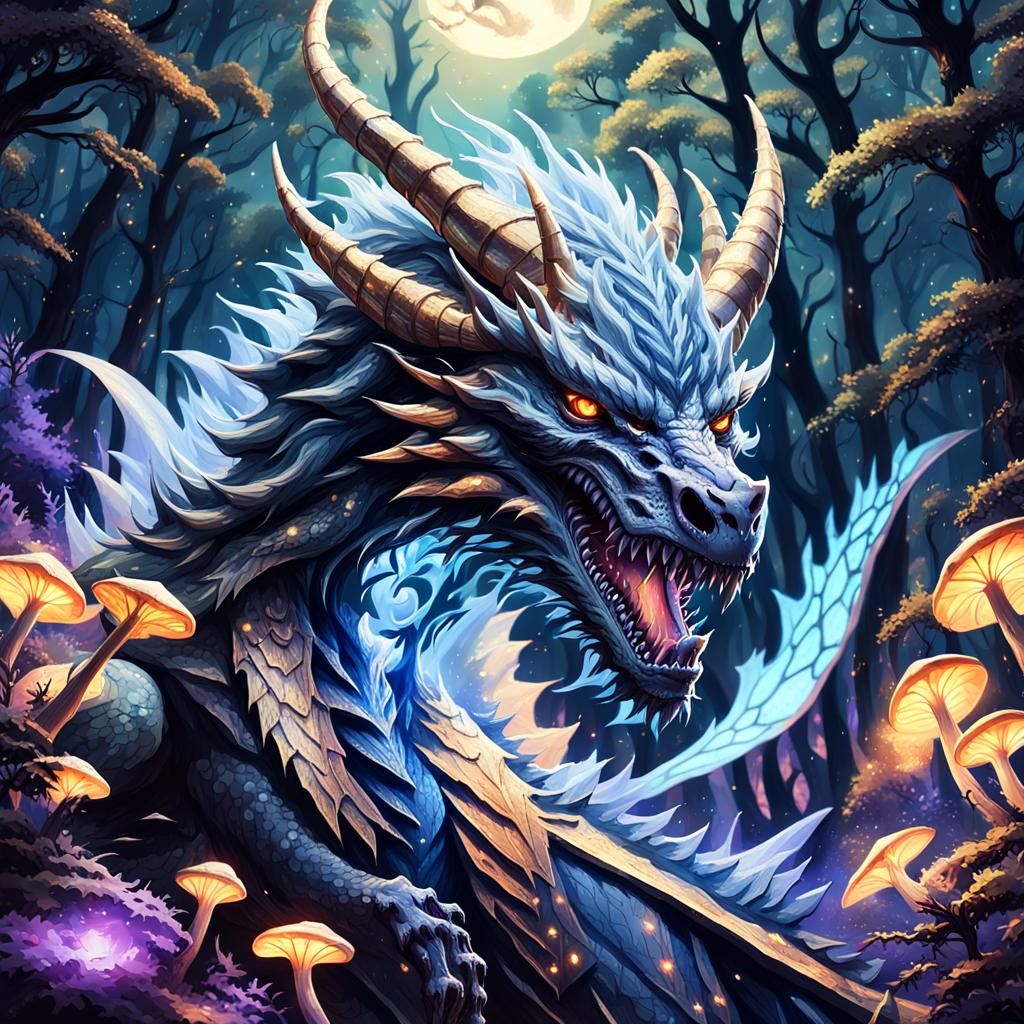 Moon Dragon Demon Roaring in Mystical Forest