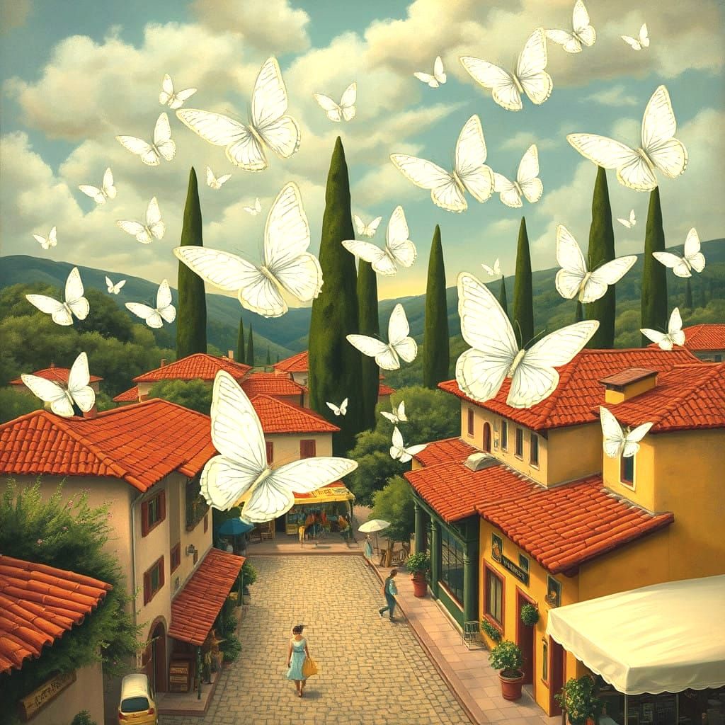 White Butterflies Soar Over Mexican Village