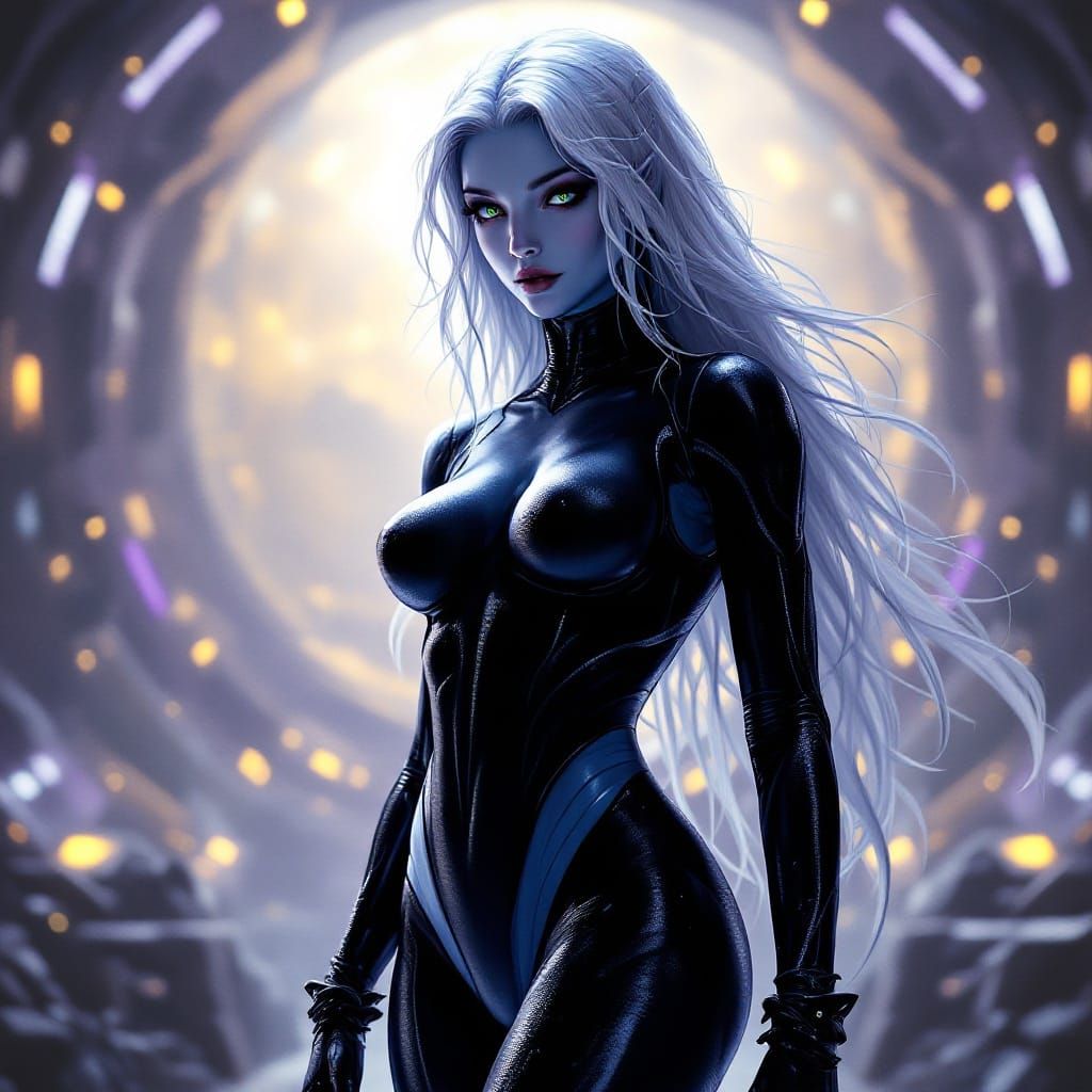 Elegant Monster Woman in Cyberpunk Spaceship Scene