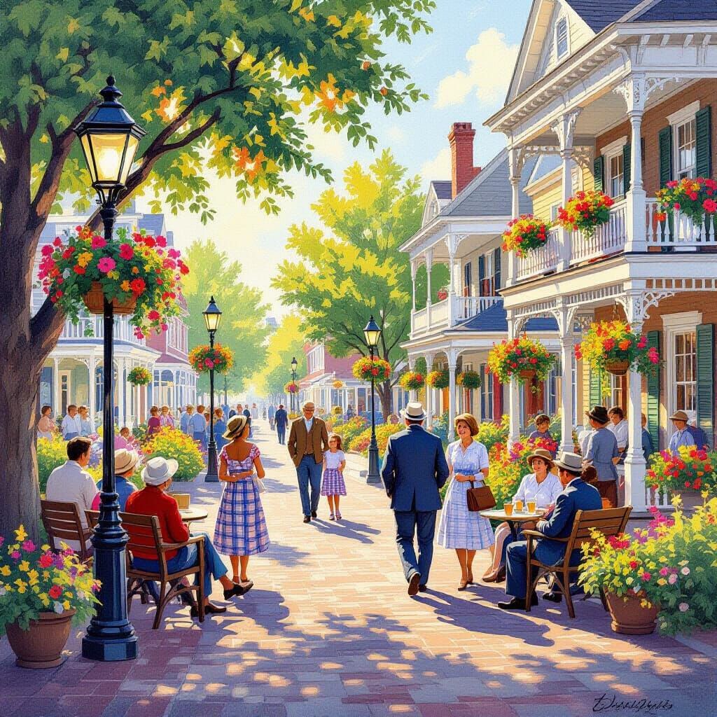 Serene American Town Square in Gouache Painting Style