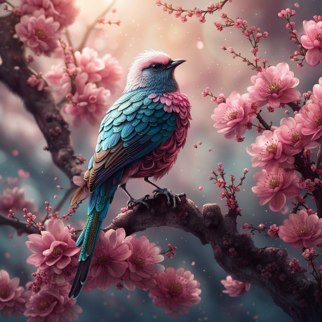 Bird in Cherry Tree, Detailed Matte Painting