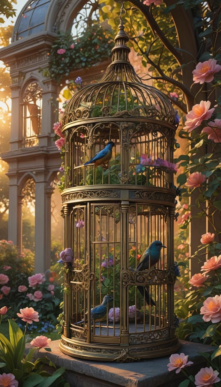 Photorealistic image, aged brass Victorian bird cage with fl...