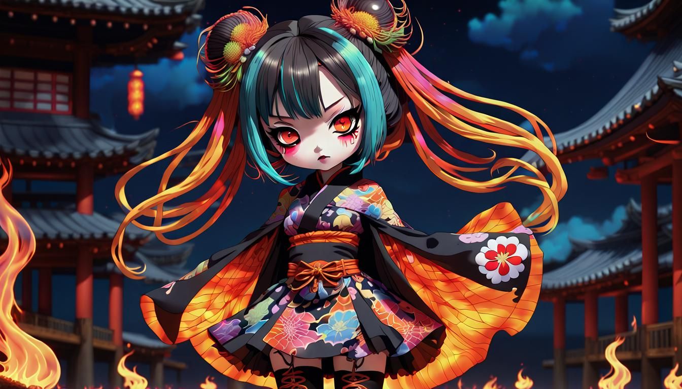Fiery Kabuki Babe on Pier, Murakami Anime Style