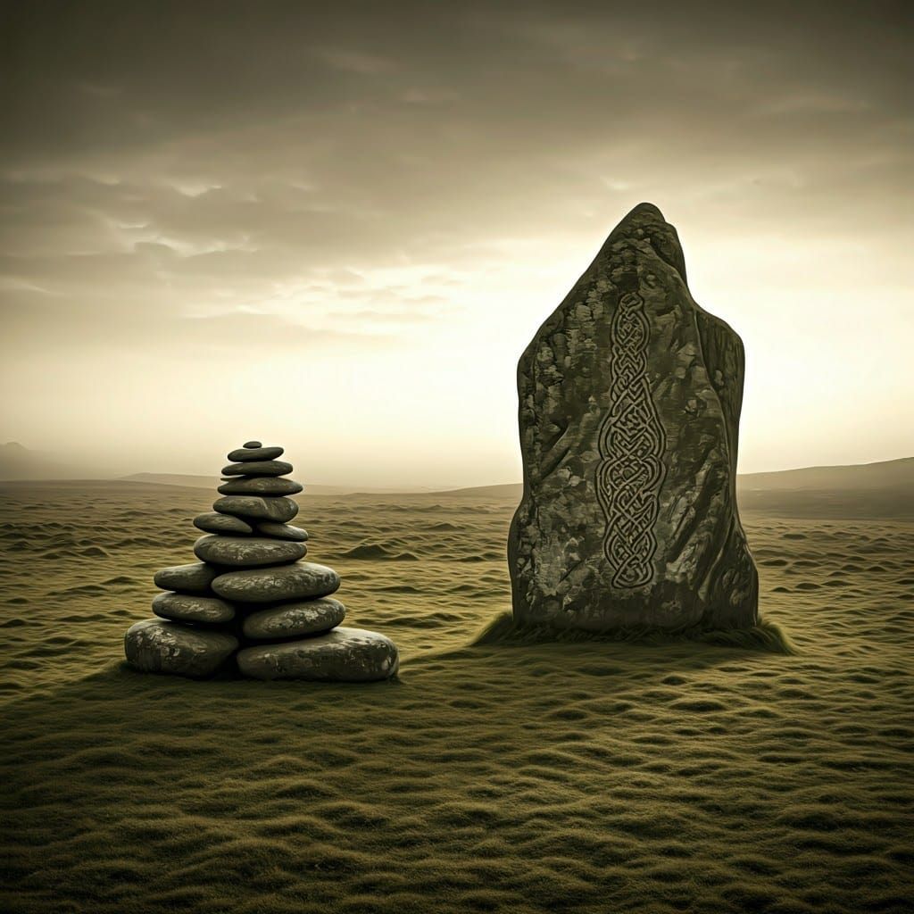 Moonlit Moor with Celtic Stones in Sepia