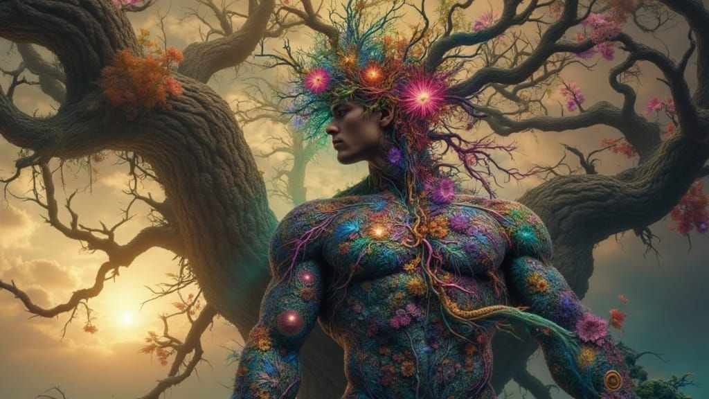 Biomechanical Yoga Android with Fractal Face and Rainbow Mos...