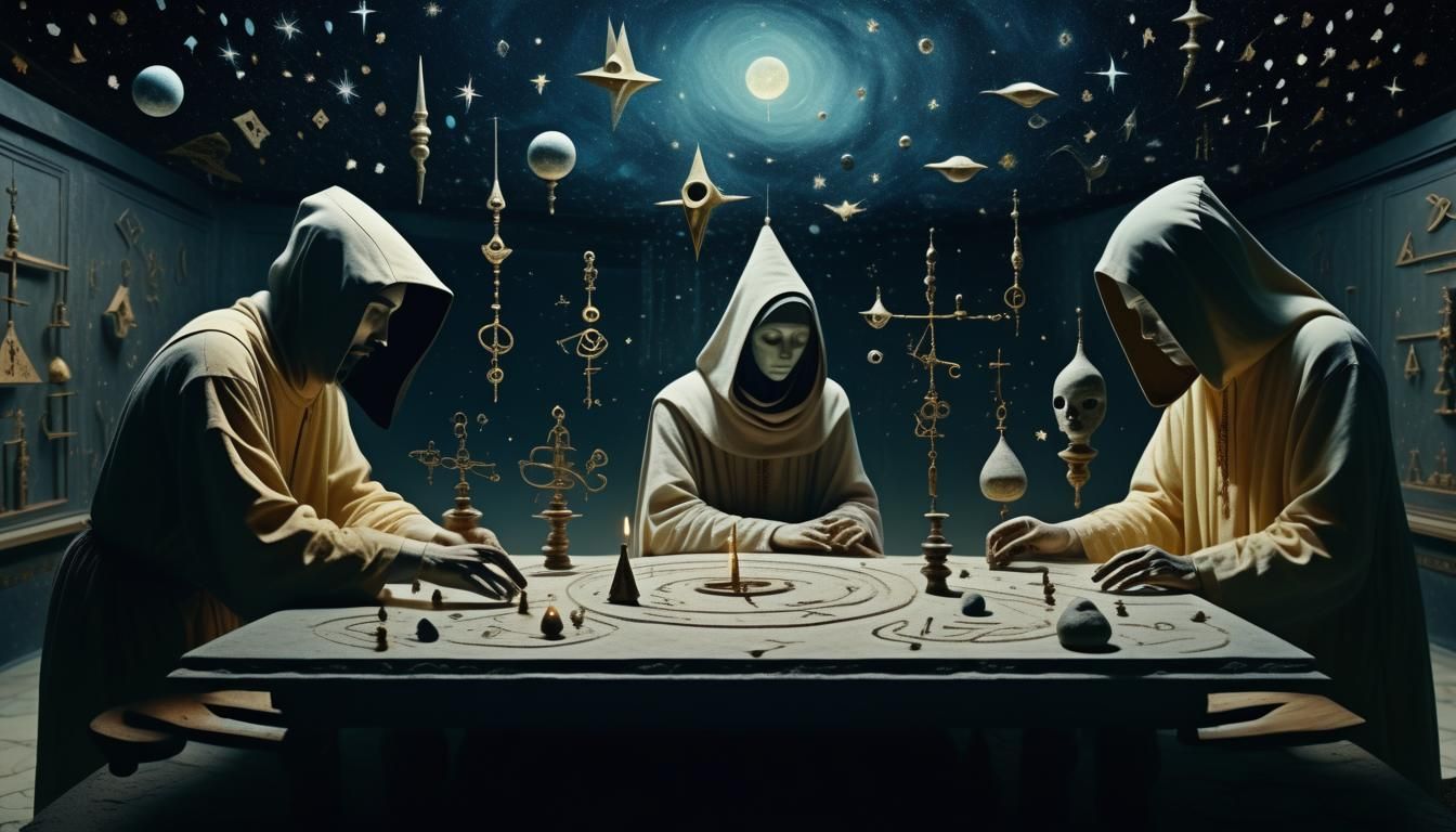 Mystical Surgery in Floating Temple: Surrealist Oil Painting