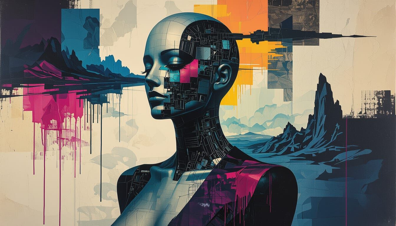 Surreal Cloth Texture Collage with Graffiti Drips