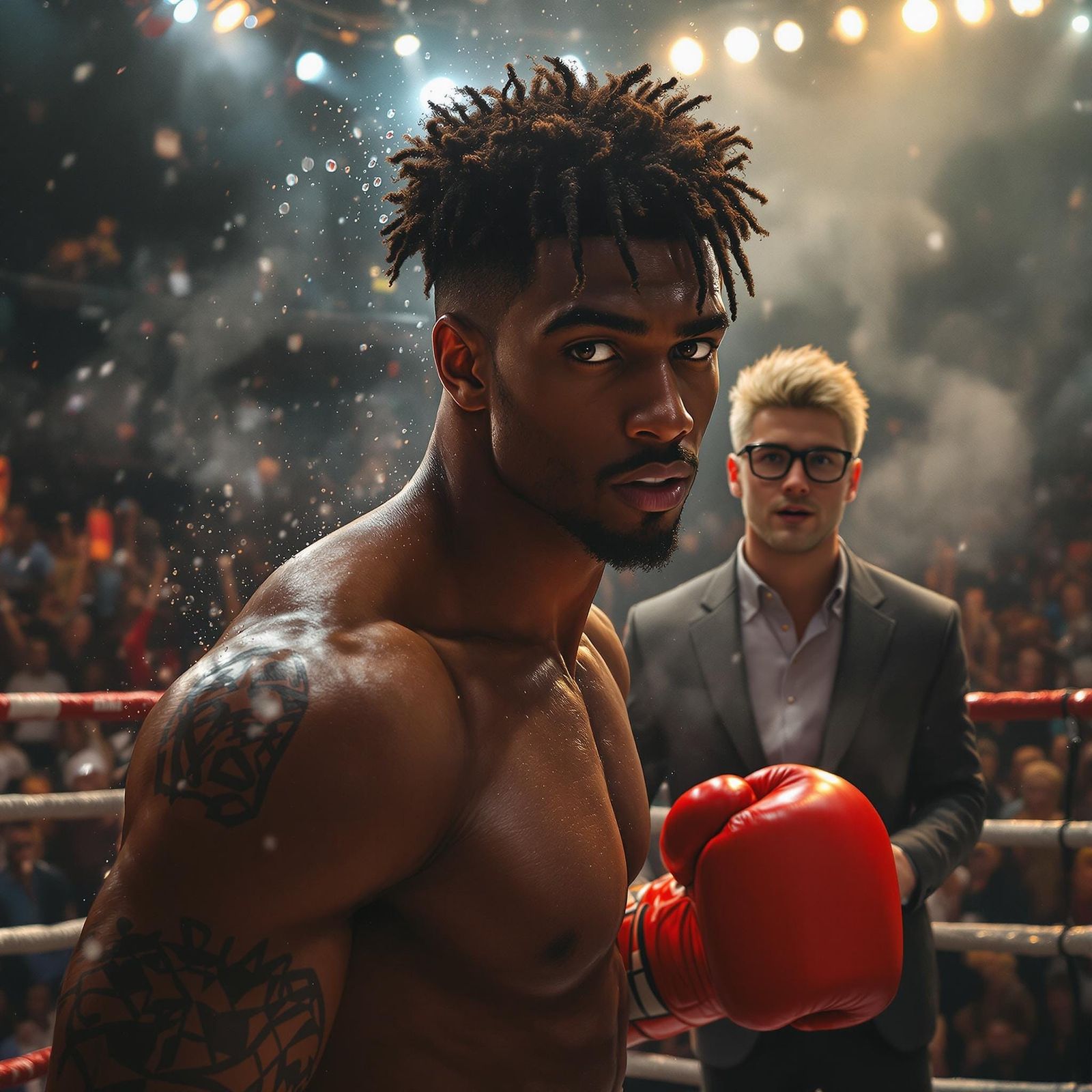 Determined Athlete Enters Boxing Ring in Vibrant Fantasy Set...