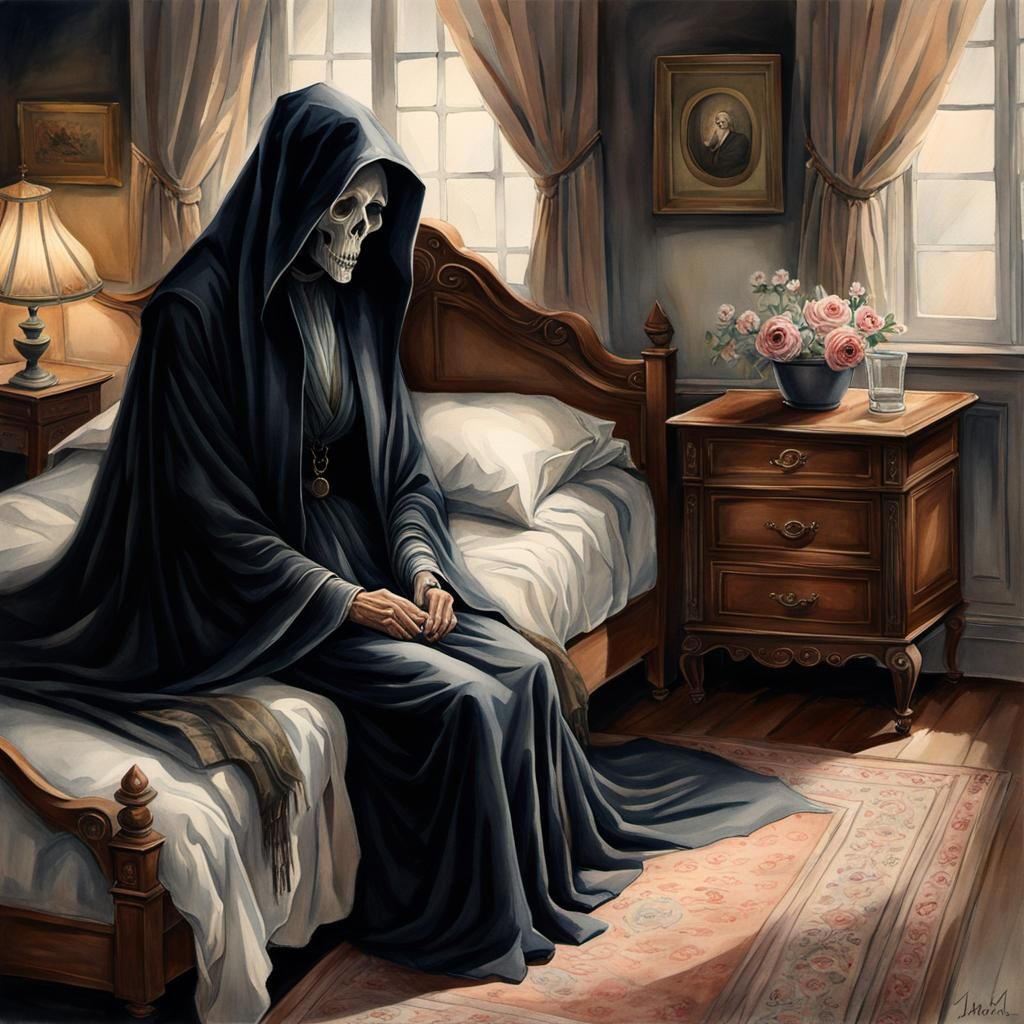 Grim Reaper at Old Lady's Bedside Watercolor