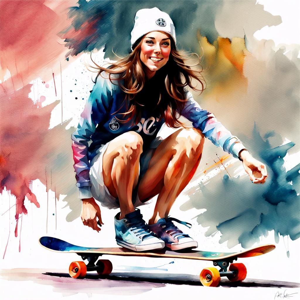 Kate Middleton on Skateboard in Watercolor Art