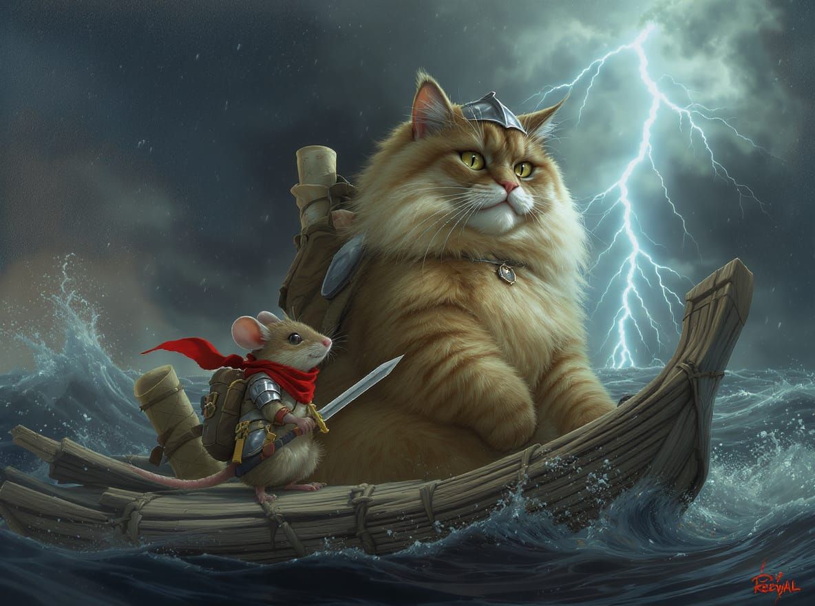 Heroic Mouse Knight and Noble Cat on Raft
