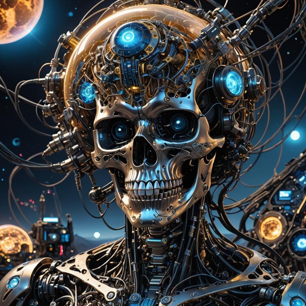 Translucent Metallic Skull with Glowing Circuitry