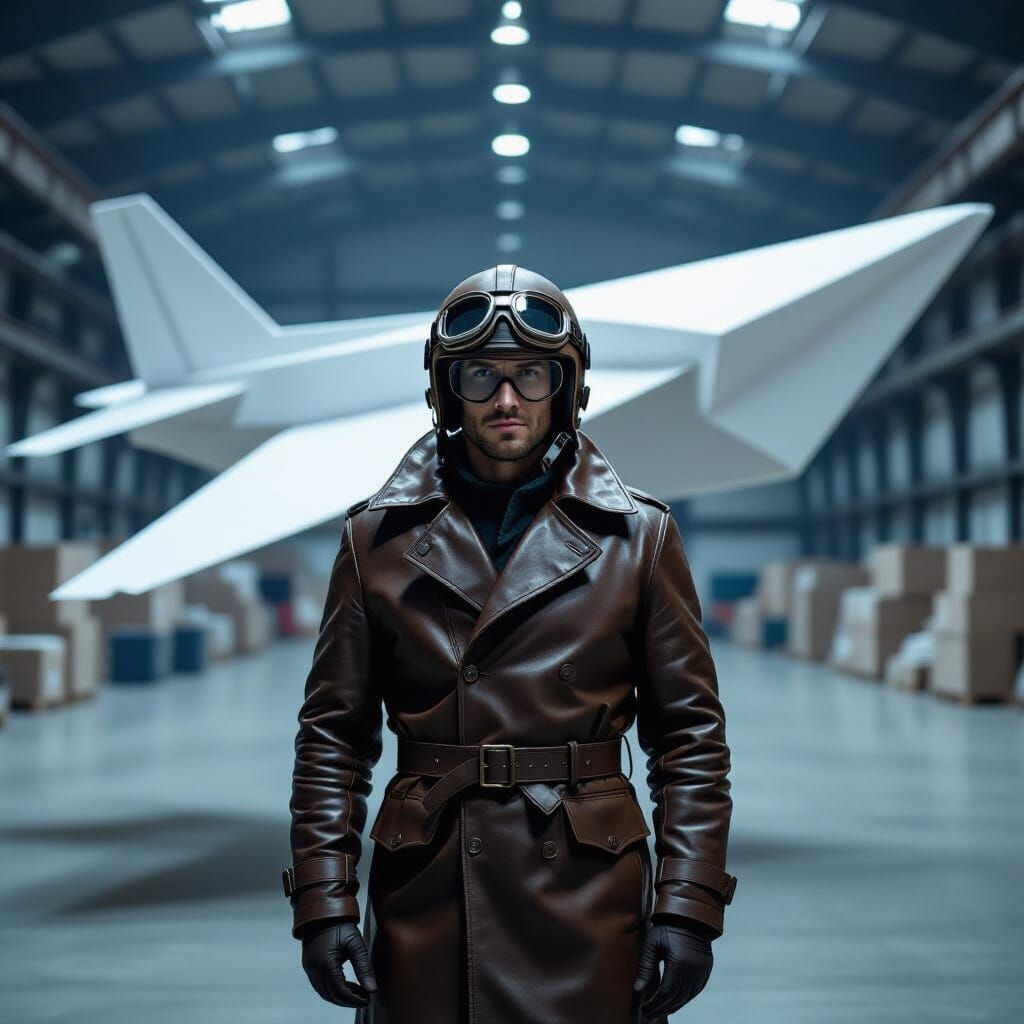 Pilot in Leather Coat Inside Paper Airplane in Warehouse