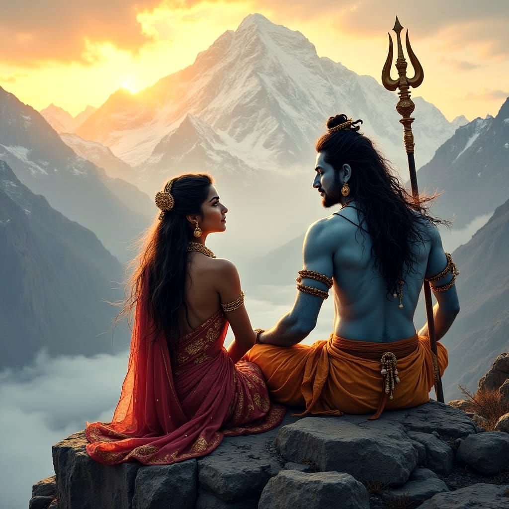 Divine Shiva and Parvati Himalayan Sunset Scene