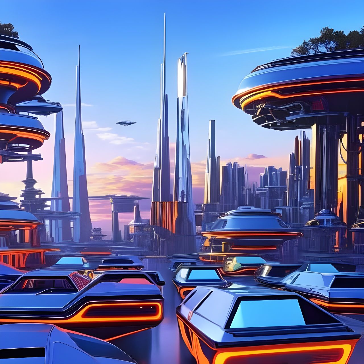 Retrofuturistic Copper City with Hover-Cars in Cyberpunk Sty...