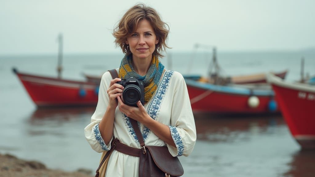 Confident Woman by the Water in Hyperrealistic Style