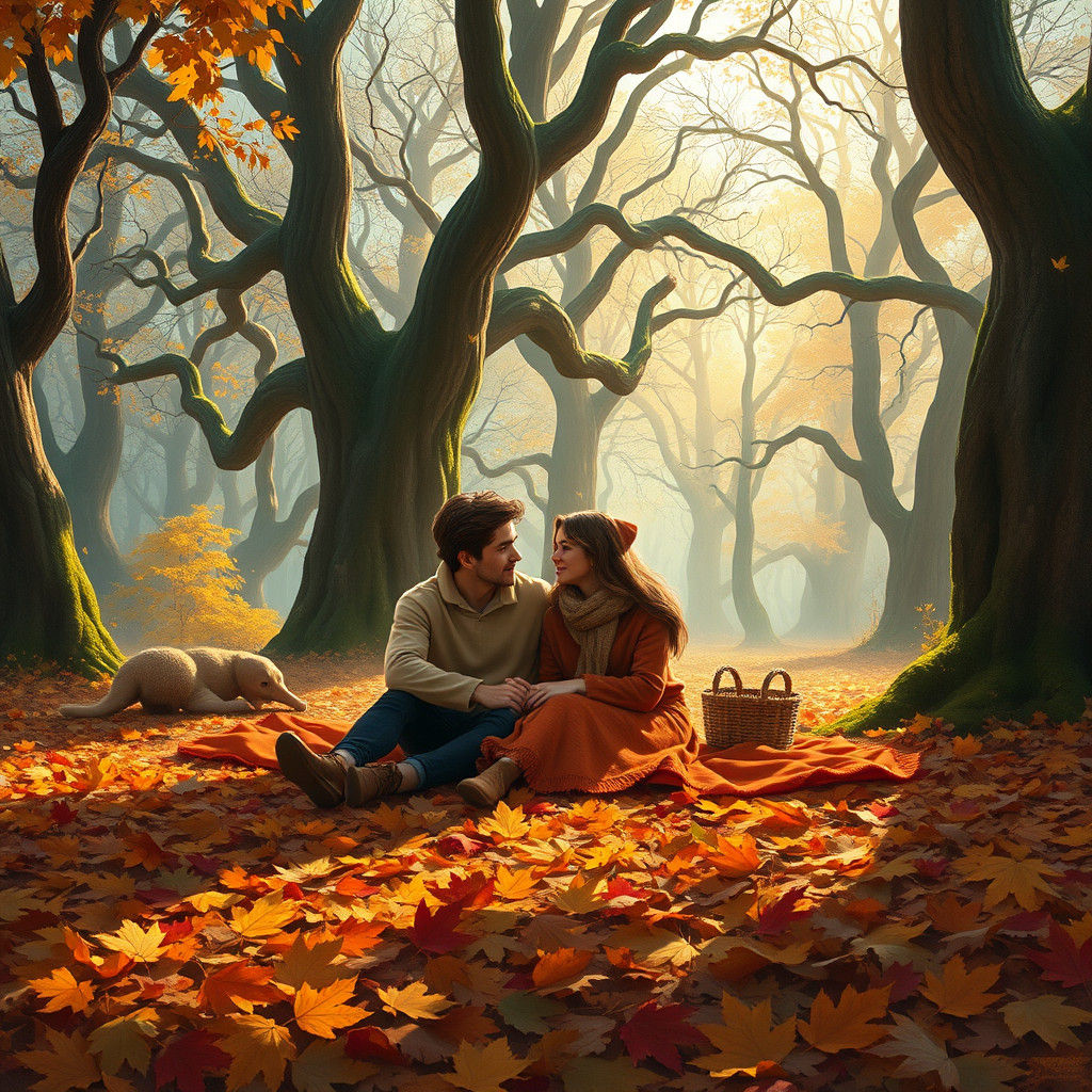 Romantic Autumn Picnic in Mystical Forest, Digital Painting