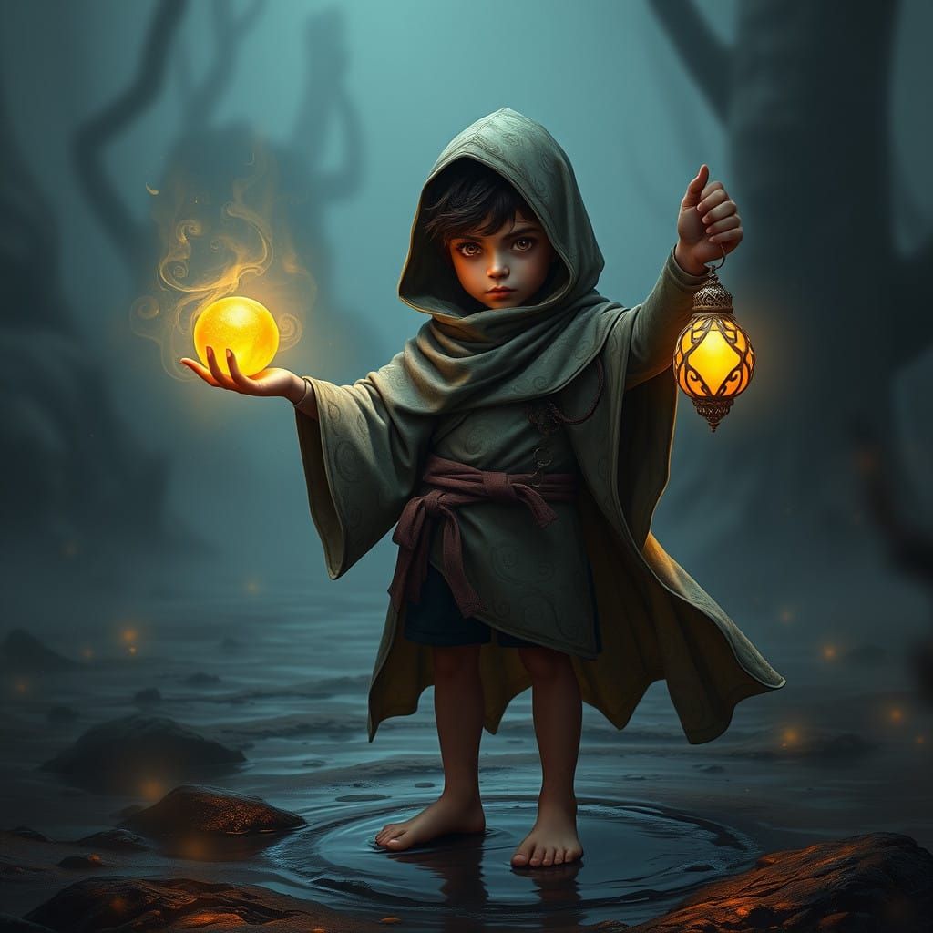 Mystical Boy Holds Glowing Citron, Lantern, and the Land