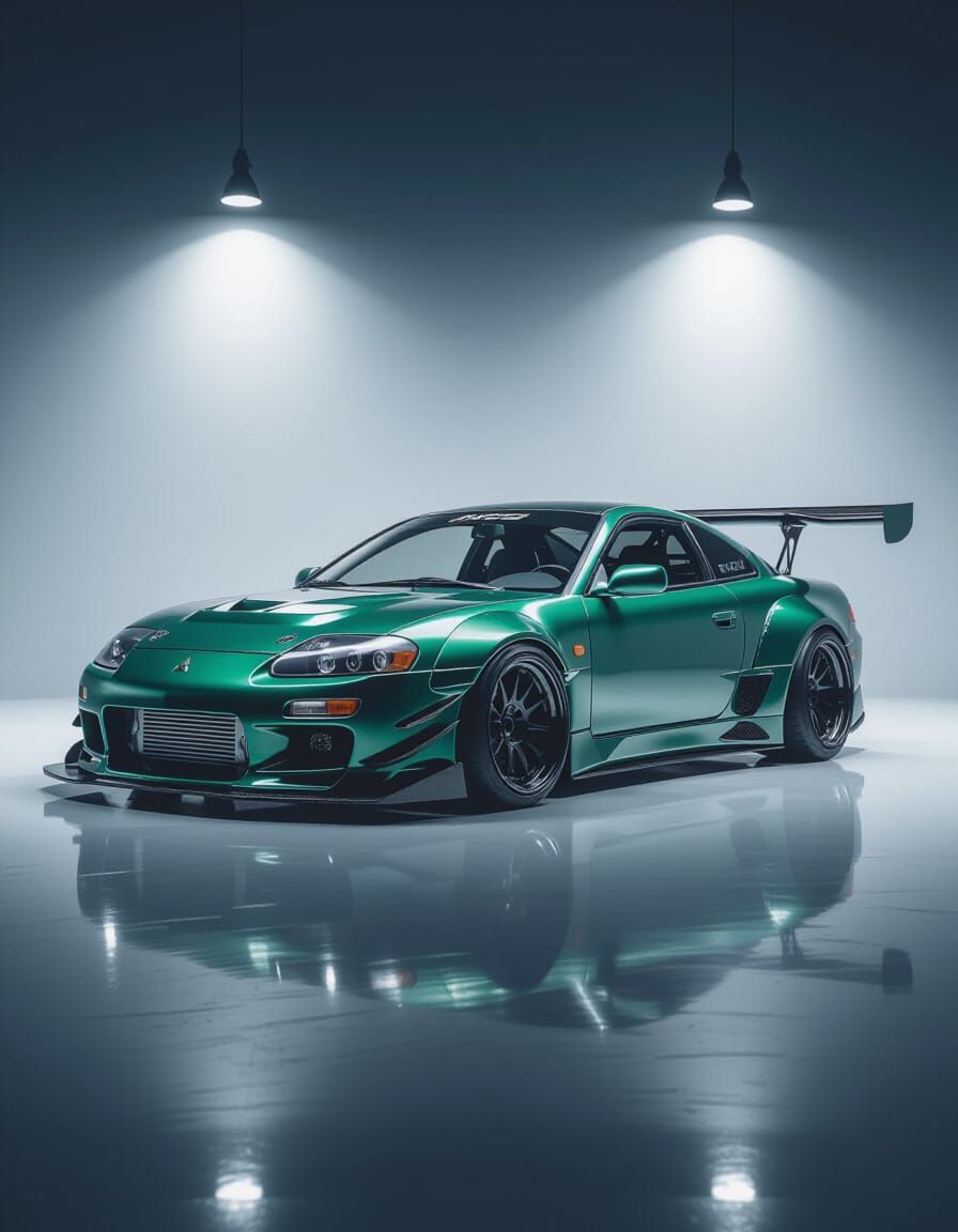Metallic Green Mitsubishi Eclipse Sports Car in Studio