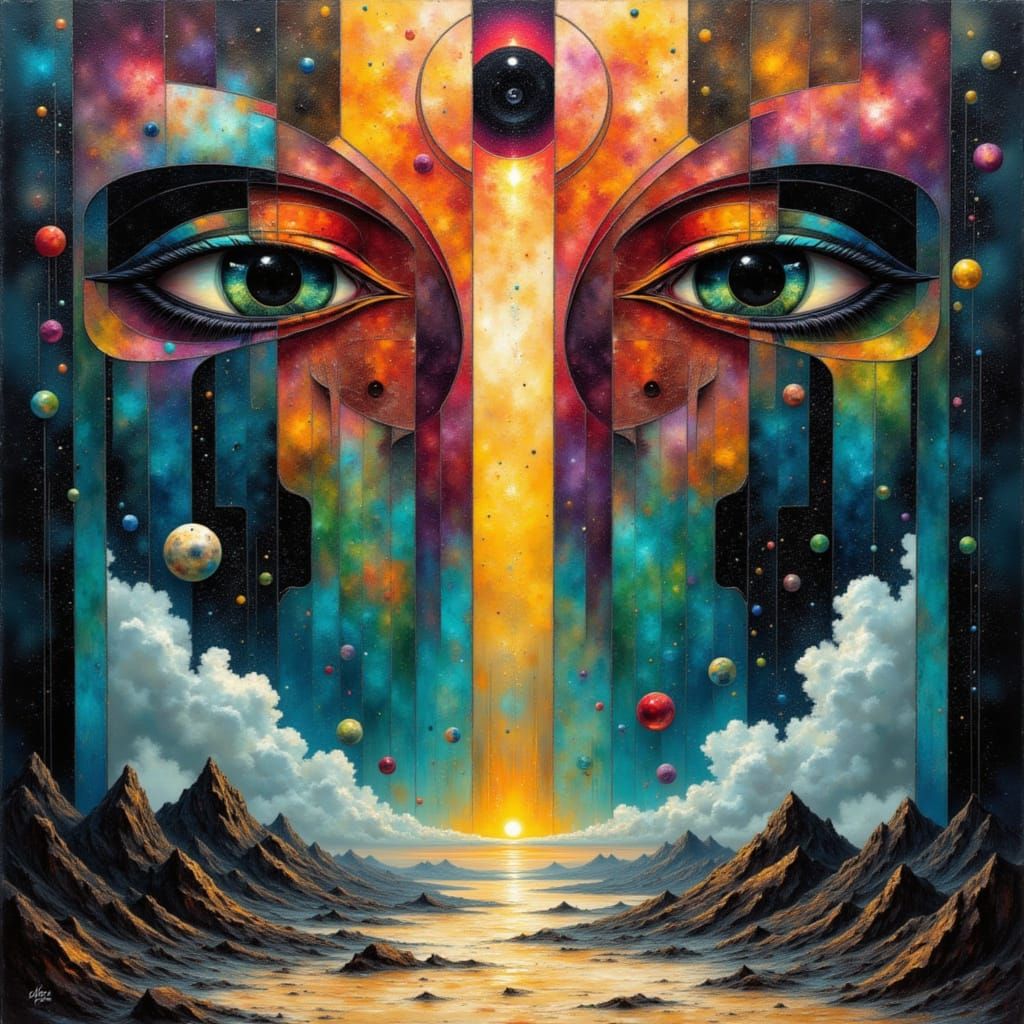 Surreal Collage of Eyes and Cosmic Landscapes