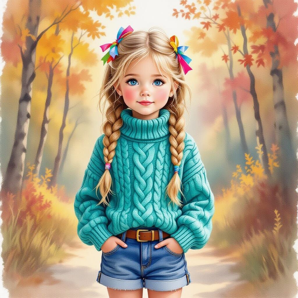 Young Girl in Autumn Forest Watercolor Illustration
