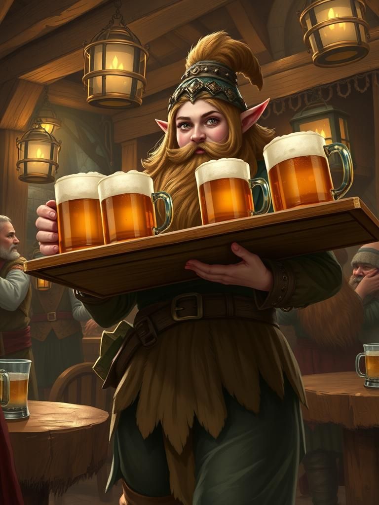 Dwarf Barmaid Balancing Ales in Fantasy Tavern