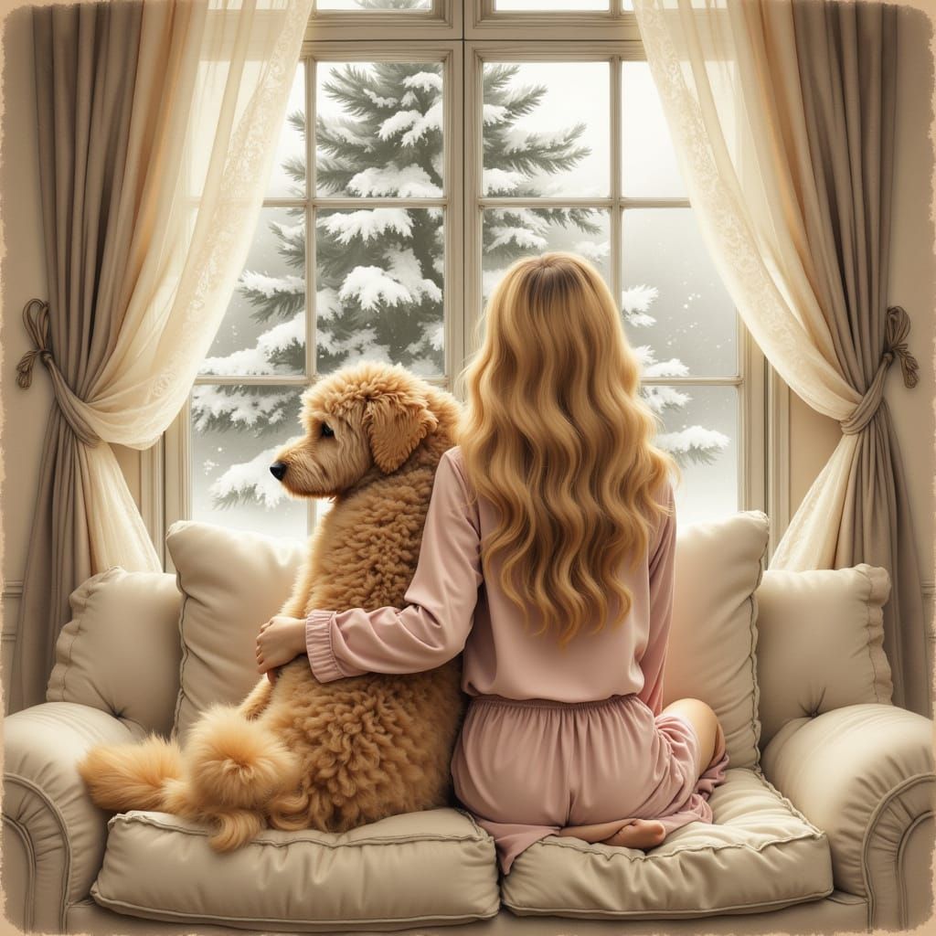 Woman and Dog Enjoying Snowy Day Indoors