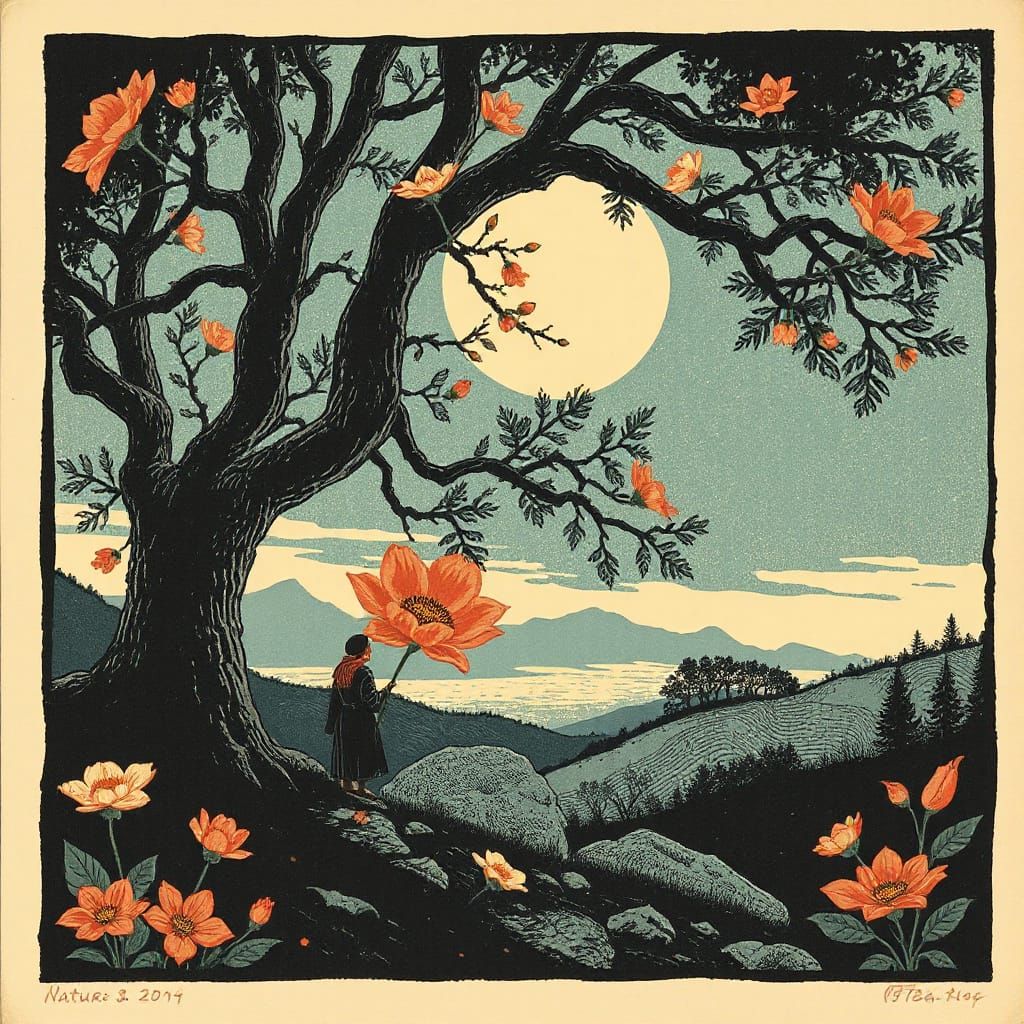 Elegant Woodcut Nature Scene from the Roaring Twenties