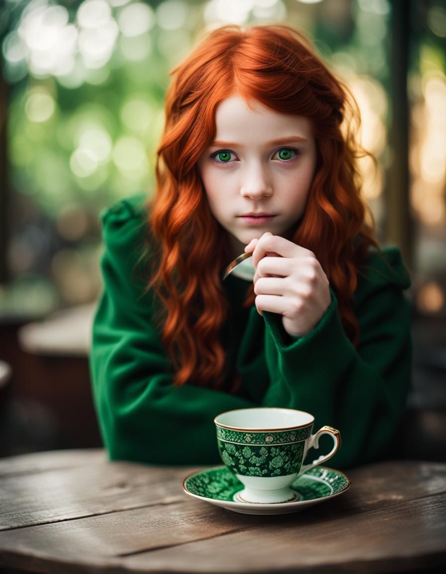 Red haired Slytherin girl with green eyes with a tea cup 1