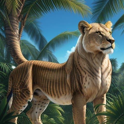 Majestic Lioness-Human Hybrid Sits Amidst Palm Trees in Gold...