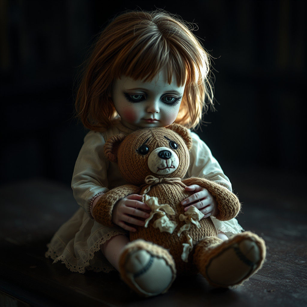 Eerie Porcelain Doll with Glowing Eyes in Haunted Setting