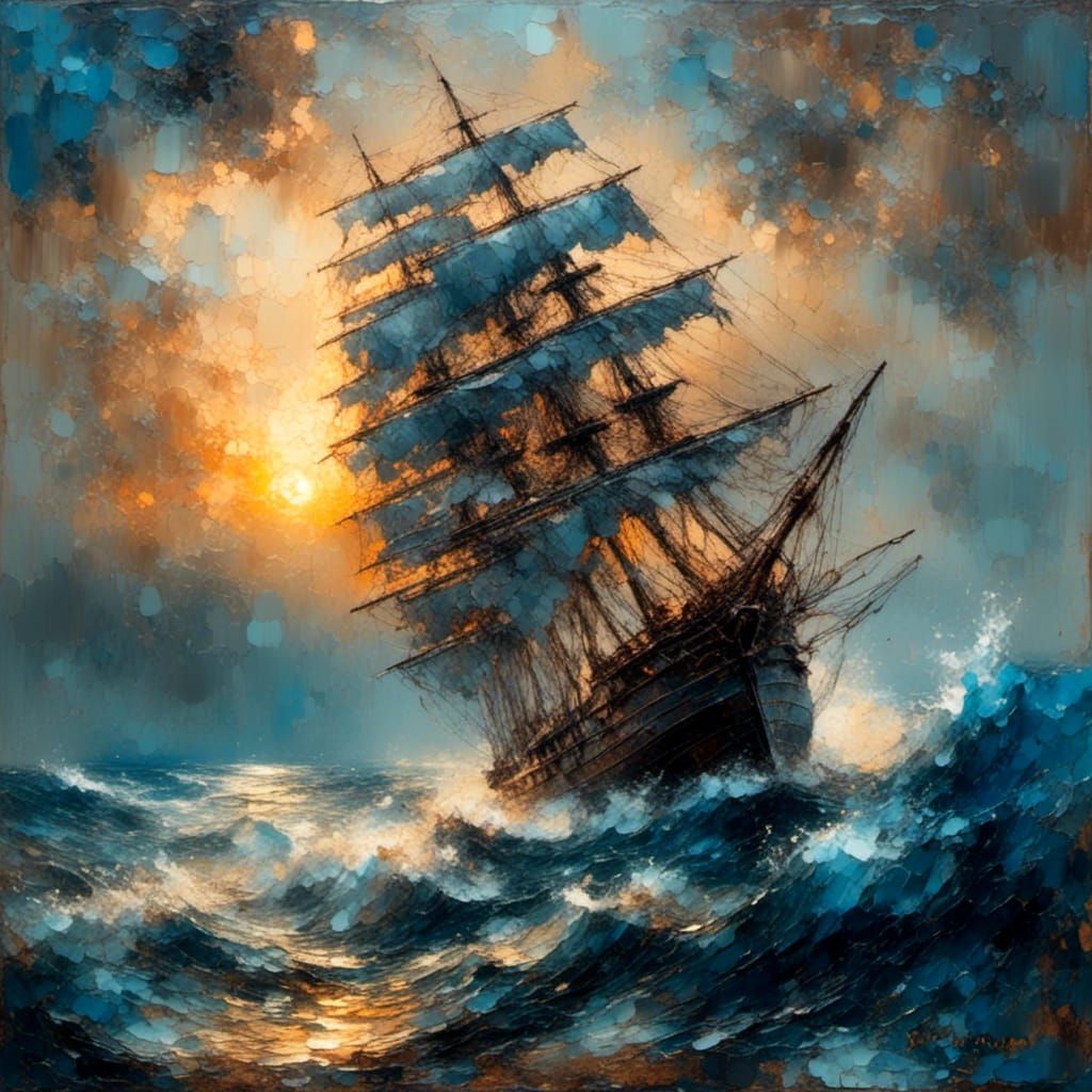 Battered Sailing Ship Navigating Stormy Seas