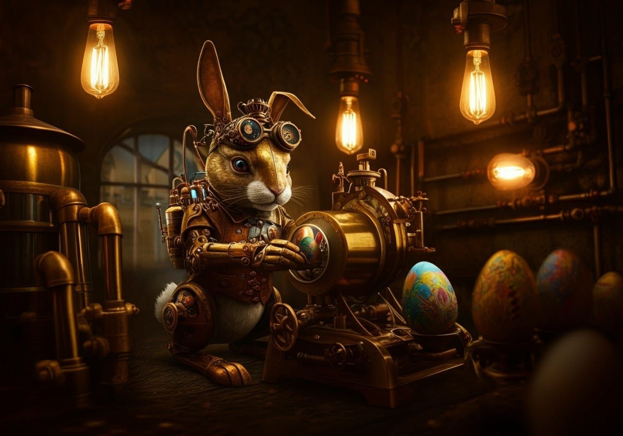Steampunk Easter Bunny in Industrial Workshop