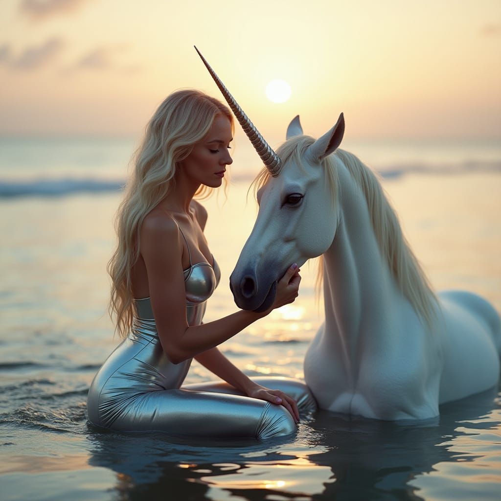 Woman and Unicorn in Hyperrealistic Sunrise Scene