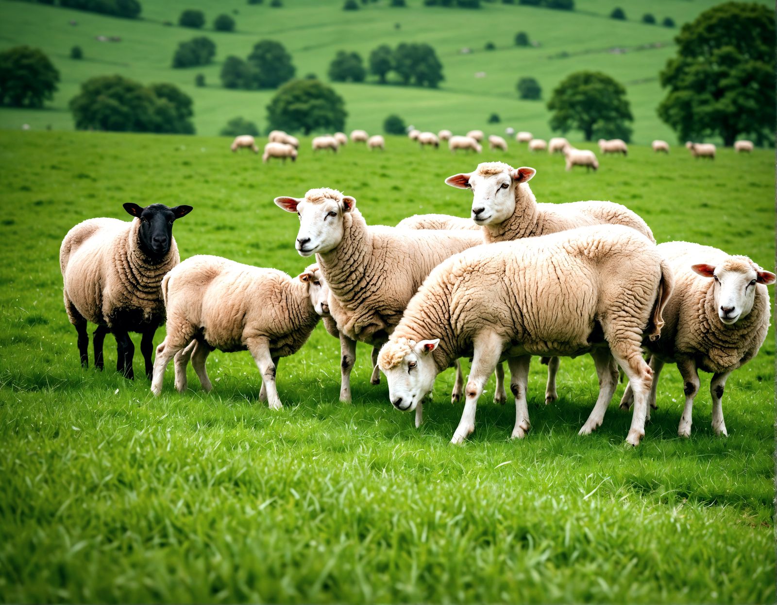 Flock of Sheep Devouring Green Grass in HDR